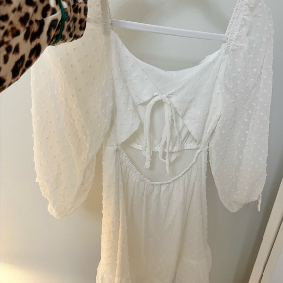 White mini dress - sheer polka dot layer - quarter sleeve - tie back - Picture 2 of 3